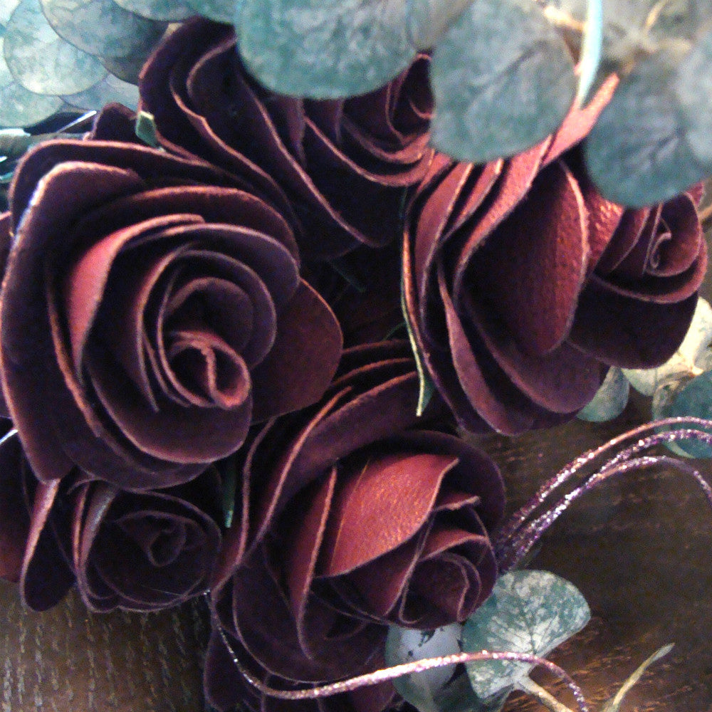 HANDCRAFTED D'AGOSTINO LEATHER ROSES PURPLE, RED, AND BLACK