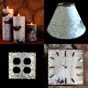 candle holders, birch bark products, lampshades, switch covers, clocks,