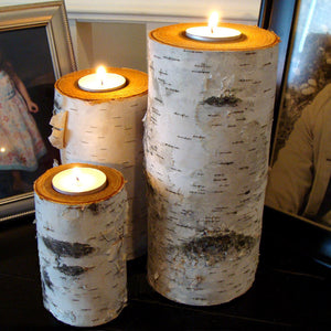 REAL BIRCH LOG TEA-LIGHT CANDLE HOLDER SET (3) IN GIFT BOX NO NEED TO WRAP.